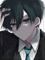 Rule 34 | 1boy, black eyes, black hair, black jacket, blue lock, blue necktie, closed mouth, collared shirt, hand up, highres, itoshi rin, jacket, looking at viewer, male focus, natsuneco 02, necktie, shirt, short hair, solo, upper body, v-shaped eyebrows, white background, white shirt