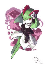 Rule 34 | absurdres, blush, book, capelet, closed mouth, clothed pokemon, colored skin, commentary request, creatures (company), dated, game freak, gen 3 pokemon, green hair, highres, kirlia, legs together, mowang yu, nintendo, pokemon, pokemon (creature), red eyes, sash, signature, smile, solo, white skin