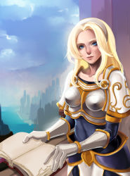 Rule 34 | 1girl, armor, blonde hair, blue eyes, book, breasts, female focus, gauntlets, gradient background, highres, kaka cheung, league of legends, long hair, lux (league of legends), sky, solo
