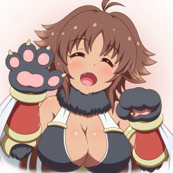 Rule 34 | 1girl, animal hands, antenna hair, arm up, bare shoulders, bikini, black bikini, breasts, brown hair, cleavage, clenched hand, closed eyes, commentary request, facing viewer, fang, fur-trimmed collar, fur trim, gauntlets, gloves, hand up, highres, kaori (princess connect!), large breasts, long hair, open hand, open mouth, parted bangs, paw gloves, princess connect!, sidelocks, simple background, smile, solo, swimsuit, upper body, white background, yosuzu