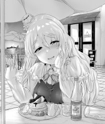 Rule 34 | 1girl, alcohol, bad id, bad twitter id, blush, bottle, breasts, drawing nk, flower, food, fork, fruit, glass, greyscale, hair between eyes, hair flower, hair ornament, hat, holding, holding fork, ice, ice cube, kantai collection, long hair, long sleeves, mini hat, monochrome, ocean, open mouth, open sign, outdoors, pancake, plate, pola (kancolle), ship, sitting, solo, table, vodka, water, watercraft