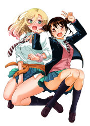 Rule 34 | 2girls, :d, asymmetrical bangs, black jacket, black socks, blazer, blonde hair, blue skirt, blush, breast pocket, breasts, brown eyes, brown footwear, brown hair, clothes around waist, commentary request, double bun, embarrassed, full body, gradient hair, green eyes, hair bun, hand on another&#039;s shoulder, hand up, highres, jacket, jumping, kijitani ayano, kuzuryuu hanako, large breasts, loafers, long hair, long sleeves, multicolored hair, multiple girls, necktie, open clothes, open jacket, open mouth, orange sweater, pink scrunchie, pink sweater vest, pocket, school uniform, scrunchie, shoes, simple background, skirt, skirt tug, small breasts, smile, socks, sogabe toshinori, striped necktie, sweater, sweater around waist, sweater vest, teeth, thighs, upper teeth only, v, white background, wrist scrunchie, yankee jk kuzuhana-chan