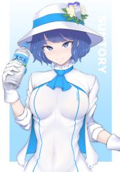 Rule 34 | 1girl, blue background, blue eyes, blue hair, blush, bottle, breasts, closed mouth, commentary request, copyright name, covered navel, dress, flower, gloves, hat, hat flower, highres, holding, holding bottle, jacket, long sleeves, looking at viewer, medium breasts, nigane, purple flower, smile, solo, suntory, suntory nomu, two-tone background, upper body, virtual youtuber, water bottle, white background, white dress, white flower, white gloves, white hat, white jacket