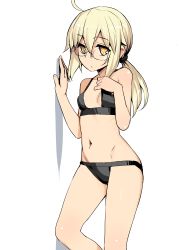 Rule 34 | 1girl, absurdres, against wall, ahoge, artoria pendragon (fate), bikini, black bikini, blonde hair, breasts, contrapposto, expressionless, fate/grand order, fate (series), glasses, hair between eyes, hand up, highres, looking at viewer, low ponytail, mysterious heroine x alter (fate), namonashi, navel, rimless eyewear, sidelocks, simple background, small breasts, solo, standing, swimsuit, white background, yellow eyes