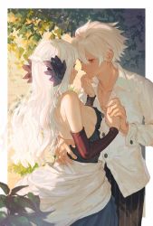 Rule 34 | 1boy, 1girl, absurdres, arm around waist, bare shoulders, braid, breasts, couple, crown braid, detached sleeves, dress, eye contact, feather hair ornament, feathers, gwendolyn (odin sphere), hair ornament, hand on another&#039;s chin, highres, holding hands, long hair, looking at another, mossan351, odin sphere, open collar, oswald (odin sphere), plant, short hair, sideboob, strapless, strapless dress, upper body, white hair