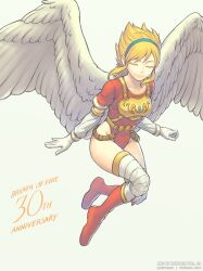 Rule 34 | 1girl, angel wings, armor, blonde hair, breath of fire, breath of fire i, closed eyes, closed mouth, commentary, elbow gloves, english text, feathered wings, gloves, gofelem, hairband, leotard, nina (breath of fire i), red leotard, short hair, simple background, smile, solo, thighhighs, white background, white wings, wings