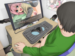 Rule 34 | 1boy, 2girls, ass, black hair, blue eyes, blue skin, blush, breasts, butakoma 300g, censored, chair, clothed sex, clothes lift, colored skin, computer, demon girl, desk, detached sleeves, floral print, from above, green shirt, hair between eyes, hair intakes, heart, highres, horns, huge breasts, indoors, keyboard, keyboard (computer), lace, long hair, mouse (computer), multiple girls, open mouth, outstretched arm, pink hair, playing games, poster (medium), pussy, pyurachri, sex, shirt, shirt lift, short hair, sitting, spread legs, tears, thighhighs, through wall, vaginal, white hair