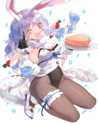 Rule 34 | 1girl, animal ear fluff, animal ears, bad id, bad pixiv id, black gloves, black leotard, black pantyhose, blue hair, blue ribbon, blush, bow, braid, breasts, bridal garter, buttons, cake, carrot hair ornament, cleavage, coat, commentary, covered navel, creature, detached sleeves, don-chan (usada pekora), food, food-themed hair ornament, full body, fur-trimmed gloves, fur trim, gloves, hair ornament, highleg, highleg leotard, highres, hinamori (18ar0), holding, holding plate, hololive, leotard, long hair, looking at viewer, medium breasts, multicolored hair, one eye closed, open mouth, pantyhose, plate, pom pom (clothes), puffy short sleeves, puffy sleeves, rabbit ears, rabbit girl, rabbit tail, red eyes, ribbon, short eyebrows, short sleeves, small breasts, smile, solo, strapless, tail, teeth, thick eyebrows, thigh strap, thighs, twin braids, two-tone hair, upper teeth only, usada pekora, usada pekora (1st costume), v, virtual youtuber, white background, white bow, white coat, white footwear, white hair, white sleeves