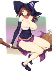 Rule 34 | 1girl, absurdres, armpits, bare shoulders, breasts, broom, broom riding, brown eyes, brown hair, cleavage, detached sleeves, dragon&#039;s crown, dress, full body, hat, highres, huge breasts, impossible clothes, long hair, looking away, parted lips, sitting, solo, sorceress (dragon&#039;s crown), strapless, strapless dress, whoosaku, witch hat