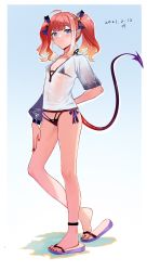 Rule 34 | 1girl, bare arms, bare legs, bare shoulders, bikini, bikini under clothes, black bikini, blue eyes, blush, breasts, closed mouth, collarbone, commentary request, demon girl, demon tail, flip-flops, full body, hair ornament, hand on own knee, highres, long hair, long sleeves, looking at viewer, micro bikini, navel, orange hair, original, pointy ears, sandals, see-through, shirt, short sleeves, side-tie bikini bottom, small breasts, solo, standing, string bikini, swimsuit, tail, twintails, wangqi, white shirt