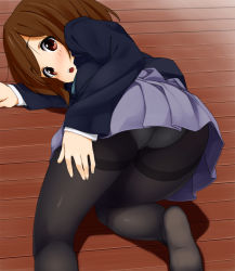 Rule 34 | 1girl, :o, all fours, ass, black pantyhose, brown eyes, brown hair, feet, female focus, hirasawa yui, k-on!, kaisen chuui, looking at viewer, looking back, no shoes, open mouth, panties, panties under pantyhose, pantyhose, pantyshot, school uniform, short hair, skirt, soles, solo, thighband pantyhose, top-down bottom-up, underwear, upskirt