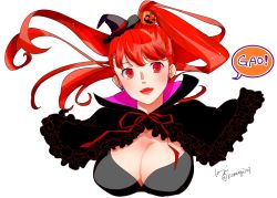 Rule 34 | 1girl, :o, black capelet, bow, bow earrings, breasts, capelet, cleavage, earrings, fangs, food-themed hair ornament, gao, hair ornament, halloween, hat, jewelry, komugi (mugiwaraclub), large breasts, open mouth, persona, persona 5, persona 5 the royal, ponytail, pumpkin hair ornament, red eyes, red hair, ribbon-shaped earrings, signature, solo, speech bubble, transparent background, twitter username, upper body, witch hat, yoshizawa kasumi