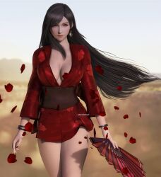 Rule 34 | 1girl, 3d, black hair, blurry, blurry background, bracelet, breasts, cleavage, crescent, crescent earrings, crescent moon, dress, earrings, falling petals, final fantasy, final fantasy vii, final fantasy vii remake, floral print, gold earrings, hand fan, highres, holding, japanese clothes, jewelry, kimono, large breasts, long hair, long sleeves, looking to the side, moon, obi, petals, raidenwgt, red dress, red eyes, red kimono, red lips, red nails, sash, short dress, short kimono, single earring, single sidelock, solo, square enix, swept bangs, thighs, tifa lockhart