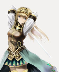 Rule 34 | 1girl, alicia (valkyrie profile 2), arms behind head, arms up, blonde hair, blue eyes, boots, hairband, long hair, overskirt, puffy sleeves, simple background, skirt, solo, standing, sword, thigh boots, thighhighs, valkyrie profile (series), valkyrie profile 2: silmeria, weapon, white background, yammy (cellblo), zettai ryouiki