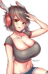 Rule 34 | 1girl, animal ears, arm up, artist name, bare arms, black hair, blue shorts, borrowed character, breasts, cleavage, collarbone, commentary, crop top, fake animal ears, grey shirt, grey thighhighs, groin, headphones, highres, kaptivate, large breasts, looking at viewer, midriff, navel, open mouth, original, rabbit ears, shirt, short hair, short shorts, short sleeves, shorts, simple background, skindentation, smile, solo, stomach, thighhighs, thighs, white background, yellow eyes