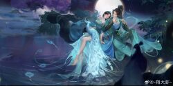 Rule 34 | 1boy, 1girl, absurdres, anklet, bare legs, barefoot, bird, black hair, chinese clothes, earrings, flute, fog, full body, hair ornament, highres, holding, holding instrument, instrument, jewelry, long hair, moon, night, original, peacock, sash, second-party source, water, xiang daxia