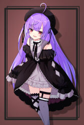 Rule 34 | 1girl, absurdres, ahoge, beret, black bow, black bowtie, black dress, black hat, black ribbon, blunt bangs, blush, bow, bowtie, brown background, collar, commentary request, cowlick, dress, feet out of frame, frilled dress, frills, grey collar, grey thighhighs, hair ribbon, hat, highres, leg ribbon, long hair, looking at viewer, medium bangs, nanashi inc., off-shoulder dress, off shoulder, open mouth, petticoat, purple hair, red eyes, ribbon, shadow, shisui kiki, shisui kiki (2nd costume), sleeve bow, sleeves past fingers, sleeves past wrists, smile, solo, thighhighs, two side up, very long hair, virtual youtuber, yamapiyo