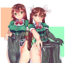 Rule 34 | 10s, 2girls, asymmetrical legwear, breasts, brown eyes, brown hair, chikuma (kancolle), commentary request, cowboy shot, curvy, dress, elbow gloves, gloves, hair between eyes, hair ribbon, highres, kantai collection, large breasts, long hair, looking at viewer, medium breasts, multiple girls, no panties, no pants, parted lips, pelvic curtain, ribbon, short dress, side slit, single elbow glove, single glove, single thighhigh, smile, thighhighs, thighs, tiha, tone (kancolle), twintails, uneven legwear, white ribbon, wide hips
