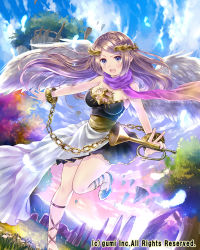 Rule 34 | 1girl, ankle lace-up, blush, bracelet, braid, brown hair, chain, cloud, cloudy sky, company name, cross-laced footwear, day, dress, feathered wings, floating island, floating rock, grass, hair ornament, hanekoto, instrument, jewelry, leg up, long hair, open mouth, purple eyes, rock, scarf, sky, solo, tree, wings