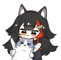 Rule 34 | 1girl, animal, animal ear fluff, animal ears, black hair, black hoodie, blush stickers, cat, chibi, chibi only, flipped hair, hair ornament, hairclip, highres, holding, holding animal, holding cat, hololive, hood, hoodie, long hair, long sleeves, looking at animal, multicolored hair, official alternate costume, ookami mio, ookami mio (casual), red hair, simple background, solo, spiked hair, streaked hair, taiga (ookami mio), two-tone hoodie, very long hair, virtual youtuber, white background, white hoodie, wolf ears, yasashi v, yellow eyes