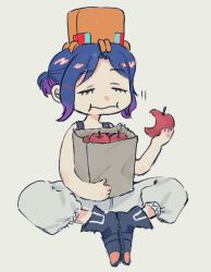 1boy :i apple bag blue_hair boots closed_eyes colored_inner_hair deformed eating food fruit full_body gundam gundam_gquuuuuux highres holding holding_food holding_fruit male_focus multicolored_hair non-humanoid_robot pants paper_bag purple_hair robot short_hair shuji_ito simple_background sitting sleeveless solo suubox tank_top two-tone_hair white_background