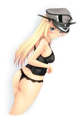 Rule 34 | 10s, 1girl, absurdres, alternate costume, ass, babydoll, bismarck (kancolle), black panties, blonde hair, blue eyes, blush, breasts, cowboy shot, flat ass, from behind, hat, highres, kantai collection, long hair, looking at viewer, looking back, open mouth, panties, peaked cap, simple background, solo, thong, triangle mouth, underwear, utahane, wedgie, white background