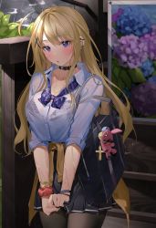 Rule 34 | 1girl, absurdres, ahoge, bag, bag charm, black choker, black pantyhose, black skirt, blonde hair, blush, bow, bra visible through clothes, bracelet, breasts, charm (object), choker, cleavage, collared shirt, commentary request, dress shirt, ear piercing, earrings, flower, hair ornament, highres, hydrangea, jewelry, long hair, loose neckwear, miniskirt, open mouth, original, pantyhose, piercing, pleated skirt, purple bow, purple eyes, red scrunchie, school bag, school uniform, scrunchie, see-through, shirt, skirt, sleeves rolled up, standing, stuffed animal, stuffed toy, sweater, tied sweater, wet, white shirt, wrist scrunchie, x hair ornament, xretakex, yellow sweater