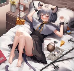 Rule 34 | 1girl, animal, animal ears, ass, barefoot, bed, bed sheet, bishamonten&#039;s pagoda, black dress, blush, bound, capelet, cheese, closed mouth, dobostorte, dowsing rod, drawer, dress, feet, food, grey capelet, grey hair, hair between eyes, highres, jewelry, knees together feet apart, knees up, legs, mouse (animal), mouse ears, mouse tail, nazrin, paper, pendant, pillow, plant, potted plant, red eyes, restrained, short hair, solo, tail, toenails, toes, touhou, twitter username