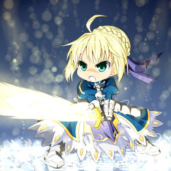 Rule 34 | 1girl, :o, ahoge, armor, armored dress, artoria pendragon (fate), blonde hair, chibi, dress, excalibur (fate/stay night), fate/zero, fate (series), gauntlets, glowing, glowing sword, glowing weapon, green eyes, hair ribbon, light particles, ribbon, saber (fate), solo, sword, wabi (wbsk), weapon