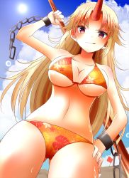 Rule 34 | 1girl, bikini, blonde hair, breasts, chain, cleavage, cuffs, dutch angle, hand on own hip, highres, horns, hoshiguma yuugi, indo (mdtanaka2007), large breasts, long hair, looking at viewer, navel, oni, pole, red eyes, shackles, single horn, smirk, solo, swimsuit, touhou, wet