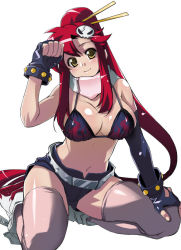 Rule 34 | 00s, belt, bikini, bikini top only, blush, boots, breasts, chopsticks, cleavage, clenched hand, elbow gloves, fingerless gloves, gloves, hair ornament, large breasts, legs, long hair, ponytail, red hair, scarf, shorts, sideboob, solo, swimsuit, tengen toppa gurren lagann, thighhighs, thighs, very long hair, yellow eyes, yoko littner, yoshihara maito