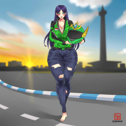 Rule 34 | 1girl, biker clothes, bikesuit, bodysuit, breasts, day, female focus, green eyes, green helmet, helmet, highres, holding, holding helmet, huge breasts, kadita (mobile legends), mature female, mobile legends: bang bang, motorcycle helmet, no shoes, outdoors, purple hair, racetrack, ripped jeans, solo, yahyaism, zipper