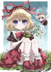 Rule 34 | 2girls, absurdres, black shirt, bloomers, blue eyes, closed mouth, commentary request, flower, full body, grass, hair ribbon, highres, holding, holding flower, kayon (touzoku), knees up, lily of the valley, looking at viewer, medicine melancholy, multiple girls, red footwear, red ribbon, red skirt, ribbon, shirt, short sleeves, signature, sitting, skirt, socks, su-san, touhou, underwear, white flower, white socks