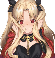 Rule 34 | 1girl, @ @, bao (s 888), blonde hair, breasts, cape, commentary request, detached collar, ereshkigal (fate), fate/grand order, fate (series), frown, hair ribbon, highres, holding, holding own hair, jewelry, long hair, looking at viewer, parted bangs, red eyes, ribbon, simple background, skull, solo, two side up, white background