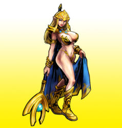 Rule 34 | 1girl, armlet, armor, bikini armor, blonde hair, blue eyes, boots, bracelet, cape, chaos breaker, elf, fina (chaos breaker), gradient background, holding, holding cape, holding clothes, jewelry, lowres, navel, pointy ears, scepter, solo, standing, tiara