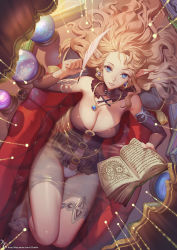 Rule 34 | 1girl, blue eyes, book, breasts, character request, cleavage, detached collar, detached sleeves, earrings, from above, highres, jewelry, kakiman, large breasts, light brown hair, long hair, looking at viewer, lying, navel, necklace, open book, original, panties, parted lips, partially submerged, pointy ears, quill, solo, thighlet, underwear, watermark, web address, white panties