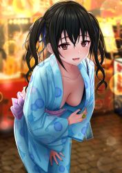 Rule 34 | 1girl, :d, backlighting, black hair, black nails, blue kimono, blue ribbon, blurry, blurry background, blush, bracelet, breasts, brown eyes, cleavage, collarbone, commentary request, cowboy shot, depth of field, downblouse, fang, festival, hair ribbon, highres, idolmaster, idolmaster cinderella girls, japanese clothes, jewelry, kimono, leaning forward, lens flare, long hair, long sleeves, looking at viewer, medium breasts, mole, mole under eye, monaka curl, nail polish, obi, open clothes, open kimono, open mouth, print kimono, ribbon, ring, sash, smile, solo, sunazuka akira, twintails, wide sleeves
