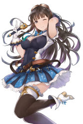 Rule 34 | 10s, 1girl, ankle boots, armpit peek, artist name, belt, black thighhighs, boots, breasts, brown eyes, brown hair, cleavage, dress, frilled thighhighs, frills, gloves, goggles, goggles on head, granblue fantasy, idol, jessica (granblue fantasy), large breasts, long hair, microphone, one eye closed, petticoat, smile, solo, standing, standing on one leg, star (symbol), thighhighs, thighs, white background, white gloves, yaman (yamanta lov)