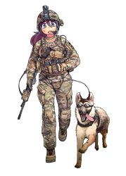 Rule 34 | 1girl, 82 airborne, assault rifle, beretta 92, black eyes, black hair, boots, brown footwear, brown gloves, camouflage, camouflage headwear, camouflage jacket, camouflage pants, combat boots, cross-laced footwear, full body, german shepherd, gloves, goggles, gun, handgun, headphones, headset, helmet, holding, holster, jacket, knee pads, lace-up boots, leash, long hair, looking at viewer, magazine (weapon), military, military uniform, monamin, open mouth, original, pants, paratrooper, rifle, running, simple background, solo, standing, standing on one leg, sweatdrop, tactical clothes, tongue, tongue out, uniform, united states army, weapon, weapon request, white background