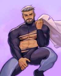 Rule 34 | 1boy, abs, absurdres, artist name, bara, beard, black bodysuit, bodysuit, bulge, creatures (company), erection, erection under clothes, facial hair, game freak, gluteal fold, helbai, highres, lab coat, large pectorals, looking at viewer, male focus, manly, muscular, muscular male, navel, nintendo, nipples, pectorals, pokemon, pokemon sv, purple bodysuit, short hair, solo, torn bodysuit, torn clothes, turo (pokemon), two-tone bodysuit, undercut, unworn clothes