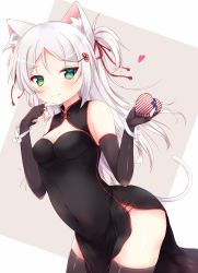 Rule 34 | 1girl, animal ear fluff, animal ears, azur lane, cat ears, cat tail, china dress, chinese clothes, dress, gift, green eyes, hair ornament, hairclip, highres, kida mochi, long hair, looking at viewer, silver hair, simple background, sims (azur lane), sleeveless, solo, tail, thighhighs, valentine