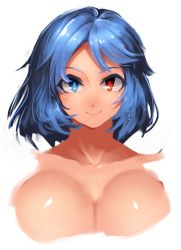 Rule 34 | 1girl, absurdres, anchors (mono eye os), bad id, bad pixiv id, blue eyes, blue hair, blue pupils, blush, breasts, bright pupils, closed mouth, collarbone, eyebrows, facing viewer, heterochromia, highres, large breasts, looking at viewer, no lineart, red eyes, red pupils, shiny skin, short hair, simple background, smile, solo, tatara kogasa, touhou, upper body, white background