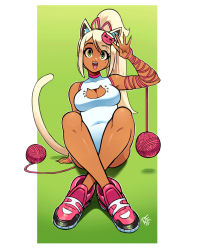 Rule 34 | 1girl, animal ears, blonde hair, border, breasts, cat ears, cat girl, cleavage, cleavage cutout, clothing cutout, covered navel, dark-skinned female, dark skin, dated, eyes visible through hair, gradient background, green background, green eyes, hair ribbon, halftone, hand up, highres, knees up, large breasts, leotard, long hair, mole, mole under eye, nail polish, open mouth, original, pink footwear, pink ribbon, ponytail, ravenousruss, ribbon, shoes, sitting, sleeveless, smile, solo, tail, white border, white leotard, white nails, yarn, yarn ball