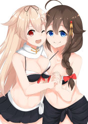 Rule 34 | 2girls, ;&gt;, ;d, ahoge, bare arms, bare shoulders, bikini, bikini top only, black bikini, black ribbon, black skirt, blue eyes, blush, bow, braid, breasts, brown hair, cleavage, closed mouth, collarbone, commentary request, fang, groin, hair bow, hair flaps, hair ornament, hair ribbon, highres, holding hands, interlocked fingers, kantai collection, large breasts, light brown hair, long hair, multiple girls, one eye closed, open mouth, pleated skirt, red bow, red eyes, ribbon, sakikumo (sakumo), sarong, shigure (kancolle), side braid, sidelocks, simple background, single braid, skirt, smile, swimsuit, v-shaped eyebrows, very long hair, white background, yuudachi (kancolle)
