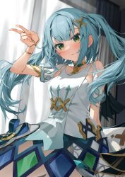Rule 34 | 1girl, aqua hair, arm up, arrow print, blush, clothing cutout, commentary request, dress, faruzan (genshin impact), genshin impact, green eyes, hair ornament, indoors, jewelry, kneeling, layered dress, long hair, looking at viewer, neck ring, open mouth, shoulder cutout, skirt cutout, sleeveless, sleeveless dress, solo, tsurime, twintails, user dydg2722, v, white dress, wristlet, x hair ornament
