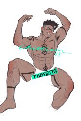 Rule 34 | 1boy, abs, absurdres, armpits, arms up, bara, blending, blush, come hither, cropped legs, dark-skinned male, dark skin, facial hair, from above, goatee, highres, jilian dongningqi, large pectorals, looking at viewer, male focus, muscular, muscular male, navel, navel hair, nipples, original, pectorals, seductive smile, short hair, smile, solo, sparse chest hair, sparse leg hair, stomach, thick thighs, thighs, topless male