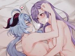 Rule 34 | 2girls, aftersex, ahoge, bed sheet, blue hair, blush, breasts, closed mouth, collarbone, completely nude, eye contact, ganyu (genshin impact), genshin impact, goat horns, hair down, heart, hickey, horns, keqing (genshin impact), long hair, looking at another, lying, medium breasts, multiple girls, negom, nude, on side, pillow, purple hair, red eyes, smile, spoken heart, sweat, upper body, yuri
