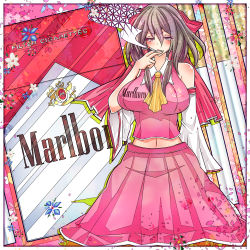 Rule 34 | 1girl, absurdres, breasts, brown hair, cigarette, english text, falling petals, flower, hakurei reimu, highres, holding, holding cigarette, japanese clothes, marlboro, miko, navel, netgamesennyou7, petals, pink shirt, pink skirt, product girl, product placement, shirt, skirt, smoking, solo, touhou