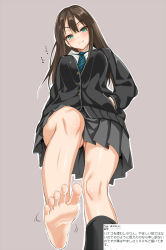 Rule 34 | 10s, 1girl, barefoot, blush, breasts, brown hair, cle masahiro, earrings, feet, female focus, foot focus, from below, green eyes, hand in pocket, idolmaster, idolmaster cinderella girls, jewelry, large breasts, long hair, long sleeves, looking at viewer, necktie, outstretched foot, pleated skirt, school uniform, shibuya rin, shirt, single sock, skirt, smile, socks, soles, solo, standing, standing on one leg, toes, translation request, upskirt, very long hair, vest