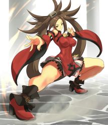 Rule 34 | 1girl, absurdres, anagumasan, arc system works, bare legs, bare shoulders, breasts, brown eyes, brown hair, china dress, chinese clothes, covered erect nipples, dress, fighting stance, guilty gear, guilty gear xrd, high heels, highres, kuradoberi jam, large breasts, long hair, simple background, smile, thick thighs, thighs, very long hair, wide sleeves